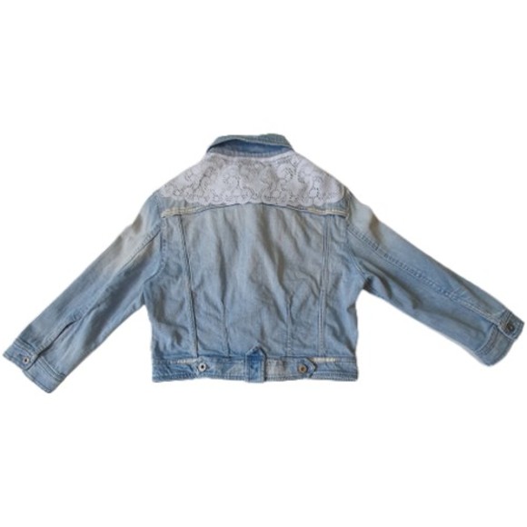 Size L 12 Designer Cropped Distressed Denim & Lace Jacket - Picture 2 of 15